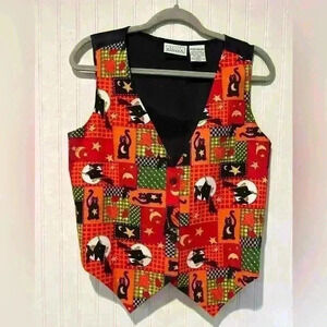 Basic edition vintage cotton/satin vest.Witchy black cats spooky Halloween Med